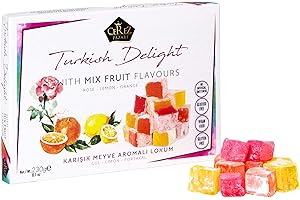 ÇEREZ PAZARI Cerez Pazari Turkish Delight with Rose, Orange and Lemon Mix Flavours 230g, Gourmet Small Size Snacks Gift Box, No Nuts Sweet Confectionery Vegan Soft Candy Dessert Glucose Free Lokum