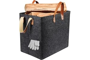 Rouclo Holzkorb für Kaminholz - XL Filzkorb | Kaminholzkorb mit 4 Tragegriffen | Faltbar Brennholzkorb Extra Dicker Filz und Leder-Tragegriff als Aufbewahrungskorb für Einkauf, Zeitung oder Brennholz
