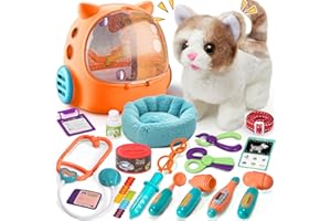 TINKERPLAY Katze Spielzeug Kinder Kuscheltier Katze Arztkoffer Kinder mit Elektronische Haustiere Gehen Bellt Schwanzwedeln Katzenrucksack Katzenbett Tierarzt Spielzeug Rollenspiel Geschenk ab 3 Junge Mädchen