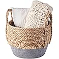 Eden & Willow Natural Straw Woven Plant Storage Basket, Home Organisation Hamper Basket with Handles (Grey, Medium)