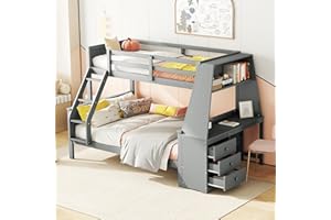 KUAKE Letto a castello 140x200cm con scrivania integrata e vano portaoggetti,letto a soppalco con 3 cassetti e protezione dalle cadute, per cameretta dei bambini, telaio del letto e rete a doghe in (Grigio)