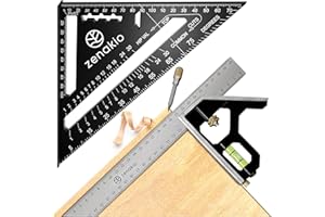 ZENAKIO Equerre Menuisier (Set de 2) - Kit Complet Équerres de Charpentier 12-EN-1 - Équerre Trusquin Metal 185mm + Outils de Traçage 300mm - Equerres Multifonctionnels pour Bricolage Outillage, Noir