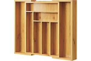 Pipishell Bamboo Cutlery Drawer Organiser - Expandable Cutlery Tray for Kitchen, Adjustable Utensil Organiser for Silverware, Flatware, Knives