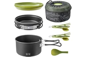 TRAIL OUTDOOR LEISURE Trail Camping Cookware Set 11pc, 2 Person Outdoor Camp Cooking Kit, Non Stick Hard Anodised Aluminium, 1L Cook Pot, Frying Pan, Spatula, Plates, Cutlery Sets, Lightweight Portable Stackable with Bag