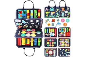 Qizfun Busy Board Montessori zabawka dla dzieci w wieku 1-2-, 3, 4 lat, aktywność edukacyjna, tablica sensoryczna, nauka umiejętności motorycznych, zabawka podróżna dla malucha do samochodu