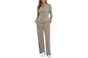 Famulily Cowl Neck Womens Tracksuit Sets Drawstring Long Sleeve Pullover Top and Elastic Waist Wide Leg Pants with Pockets