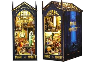 CUTEROOM CUTROOM Book Nook Kit ze światłami LED, Magic Market DIY miniaturowy zestaw do domku dla lalek, drewniane puzzle 3D, podpórka na książki, regał na książki, dekoracja (Magic Market)
