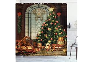 ABAKUHAUS, Boże Narodzenie, Zasłona prysznicowa, Vintage Ambiance Big Old Fashioned Okno Xmas drzewa różne prezenty, Brązowy Czerwony Zielony, 175cm x 200cm