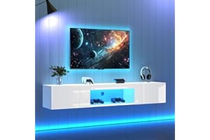 Merax Armario de TV con iluminación LED, armario bajo blanco brillante colgante, ancho 160 cm, mueble para TV con 2 puertas abatibles, compartimento abierto, armario moderno para sala de estar,