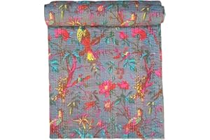 Handicrunch Gray Bird Printed King Size Kantha Quilt, Kantha Blanket, Bed Cover, King Kantha, Bohemian Bedding, 90 Inches x 108 Inches