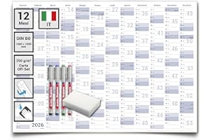 Calendario murale annuale 2026 cancellabile ad acqua 140x100 cm – planner da parete professionale formato XXL DIN B0 con 4 pennarelli non permanenti e spugna – in italiano – Gigatime