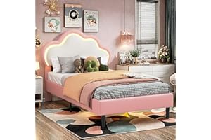 FEEOHOME lit Enfant Fille 90 x 200 cm, Lit Simple rembourré pour Enfant avec lumière LED réglable, Lit Princesse avec tête de lit Nuage, avec tête de lit LED réglable en Hauteur, PU (Rose)