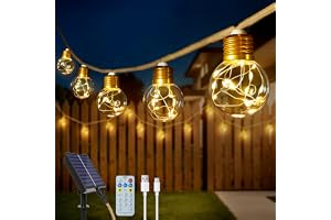 Ollny Solar Lights Outdoor Garden, 8M Hemp Rope Fairy Lights Solar Powered with 16 Shatterproof G50 Bulbs, 8 Modes Waterproof