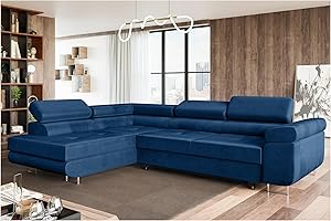‎MEBLINI MEBLINI Schlafcouch mit Bettkasten - Ecksofa mit Schlaffunktion - Sofa mit Relaxfunktion und Kopfstützen - Couch L-Form - Eckcouch - Wohnlandschaft - MALIBA - 277x203x63cm Links - Blau Samt