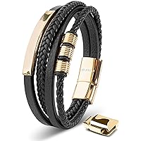 COOLSTEELANDBEYOND Blauw zwart gevlochten leren armband – armband met witte steken staal zwart magneetsluiting, Blauw Leer en Katoen, niet van toepassing