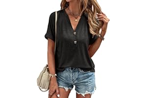 VEUNCOS Damen Casual Kurzarm T Shirt Sommer Knopfleiste V Ausschintt Oberteile Lockere Shirt Blusen