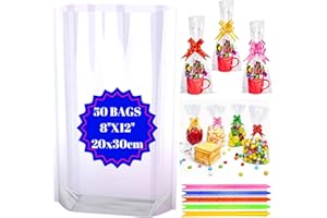MAARA Cellophane Bags, Pack of 50 (8"X12"/20X30CM) Medium Clear Sweet Bags, Food Safe Cookie Bags With Bows, Treat And Party Bags For Mugs, Flat Bottom Plastic Cellophane Gift Bags