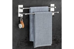 JS Towel Rail Self Adhesive Towel Holder Hanger SUS304 Stainless Steel Towel Rack 43.5cm/17.1 inch Anti-rust Dual Rod Towel Shelf Bar with 2 Hooks Multi-Function for Bathroom Shower Kitchen