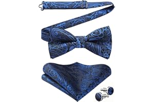 HISDERN Muszka wstępnie zawiązana muszka paisley kieszonkowe kwadratowe spinki do mankietów do koszuli i smokingu ślub formalny zestaw chusteczek, NIEBIESKI, rozmiar uniwersalny