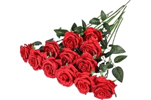 Hawesome 12PCS Artificial Roses Fake Flowers Single Long Stem Roses Wedding Decoration Bridal Bouquet Decorative Flower Arrangement Home Decoration Party Centerpieces in Red White (A Red)