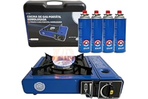 HUMPTI Camping Gas Portatil con Bombona, Pack Hornillo + 4 Cartuchos, Hornillo Camping Gas Portátil, Cocinal, Infernillo, Fogareiro