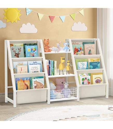 Libreria Bambini In Legno 3 Piani Con Tasche - Organizza Libri E Giocattoli, Naturale E Robusta - Foto 11