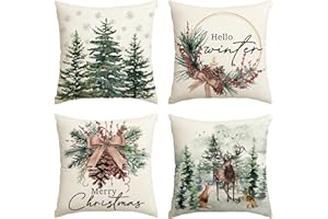 Artoid Mode Pine Trees Reindeer Christmas Cushion Covers Set of 4, 45x45 cm Winter Xmas Decorative Pillow Case Cover Sofa Living Room Decor