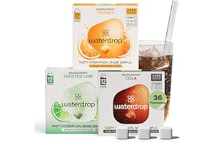 WATERDROP MICRODRINK waterdrop® Mix Sabores de Frutas, 36 Pastillas Saborizantes Para Agua, Bebidas Sin Azúcar, Sabores Agua: NARANJA, COLA, LIMA, Refresco Instantaneo, Sobres