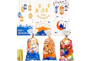 GWHOLE Sachet Eid Mubarak 90Pcs Sachet Bonbon 27x13cm Ramadan Kareem Cadeau pour Eid Mubarak Gateau, Bonbons, Biscuits, Plastique, Or, transparent