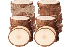 50PCS Dischi Legno Grezzo 4-5cm, BetterJonny Legno da Decorare Diametro Fette di Legno con Fori e Spago e Non Rifinite con Corteccia per Natale Segnaposto Pirografo Intagliare