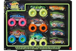 Hot Wheels® Monster Trucks Glow in the Dark Multipack with 10 Toy Vehicles: 5 Monster Trucks & 5 1:64 Scale Cars, Collectible Gift for Kids Ages 4 to 8 Years Old