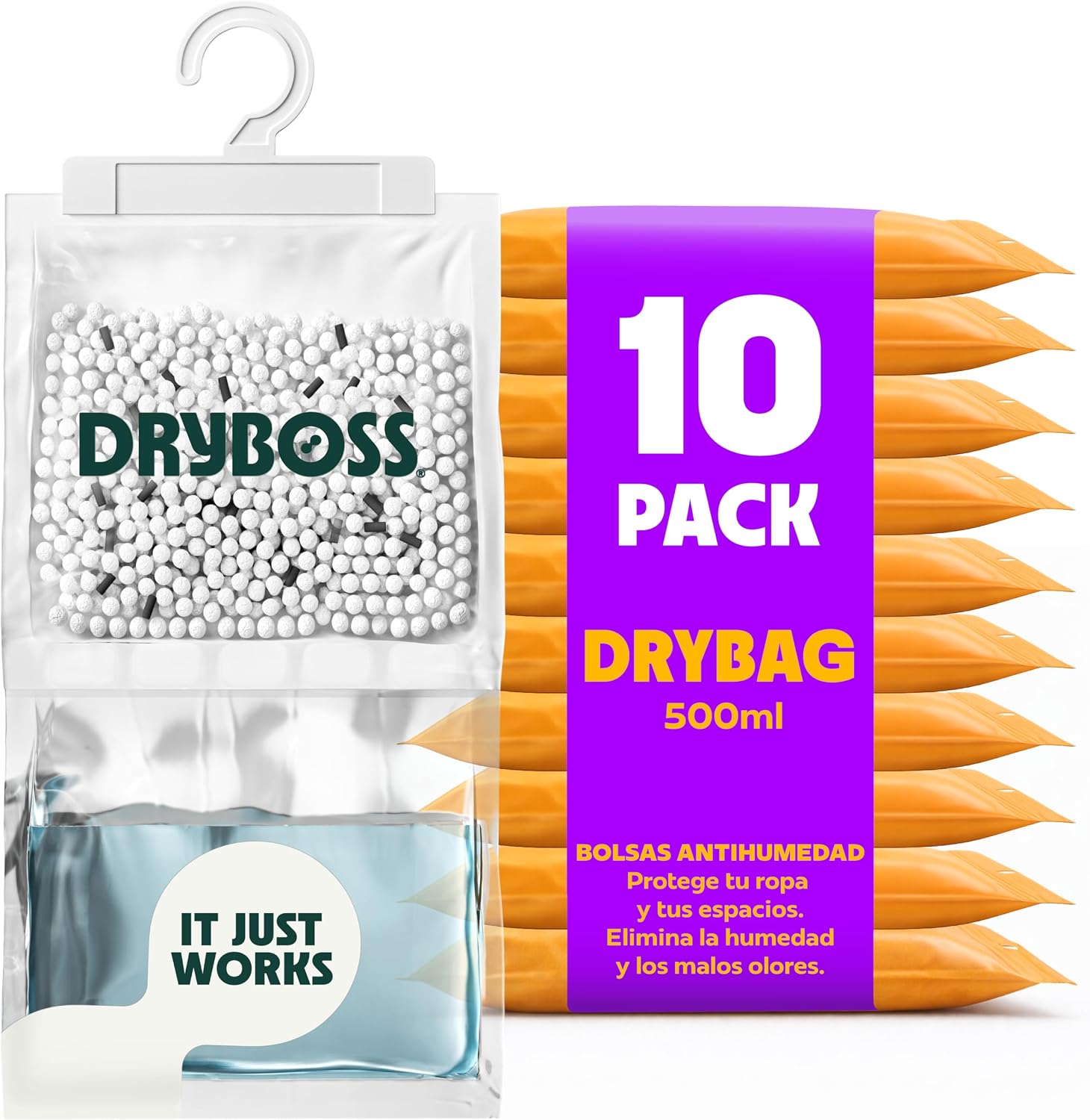 Bolsas Antihumedad Armarios XL - DRYBOSS - Deshumidificador para armario que absorbe humedad y condensación en pared, habitación, cajones y ropa, ayuda contra moho y olores - Pack 10 (2,5 kg)