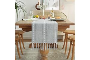 Wracra Camino de Mesa de Algodón con Tejido Calado, Estilo Campesino Gris Camino de Mesa de 150cm de Largo con Borlas para Decoración de Mesas de Comedor, Cocina y Postres (Gris, 150cm)