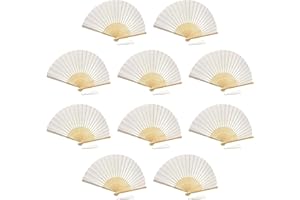 FANSOF.FANS Paquete de 10 abanicos de Mano de Tela con Borla, Varillas de bambú de Grado A, Recuerdos de Fiesta y Boda (Blanco)