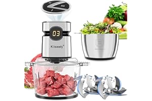 KISEELY Picadora Eléctrica con pantalla LED, Máquina picadora eléctrica de alimentos de 3 velocidades con 2 tazones y 2 juegos de cuchillas binivel, 400 W, para carne, verduras, frutas y frutos secos (FT9)