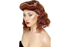 Smiffys Pin Up Girl Wig, Auburn with Loose Curls, 1940's Wartime Fancy Dress, Adult Dress Up Wigs