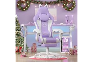 bigzzia Sedia Gaming Carina con Orecchie di Gatto, Sedia da Gioco con supporto Lombare Massaggiante, Sedia Ergonomica per Computer per Ragazza con Poggiapiedi e Poggiatesta (Viola e bianco)