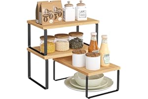 SONGMICS Organizzatori Armadio da Cucina, Set di 3 Scaffali da Banco, Impilabili, Portaspezie Espandibile, in Metallo e Legno Ingegnerizzato, Nero Inchiostro e Beige Naturale KCS014YL03