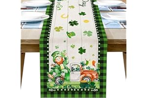 COFLINK Happy St.Patrick's Day Table Runner, 13x72 Inch Shamrock Linen Irish Day Gnome Tablecloth Decorations for Home Party Decor Indoor Outdoor (Green-Truck)