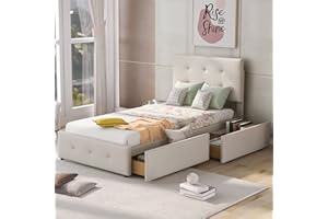 MOIMHEAR Cama Juvenil + 2 Cajones y Estante, Cama Tapizada de 90 x 200 cm, Cama Individual Infantil, Cama Juvenil, Cama de Invitados (Beige)