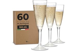 TUNDRA ICE INTERNATIONAL WAF TUNDRA - Lot de 60 Verres FLUTE À CHAMPAGNE UTILISER & RÉ-UTILISER LÉGER 100 ml. BPA-Free, Transparent, COUPE CHAMPAGNE PLASTIQUE RECYCLABLE, Verre a Vin Plastique Reutilisable, Incassables (60)