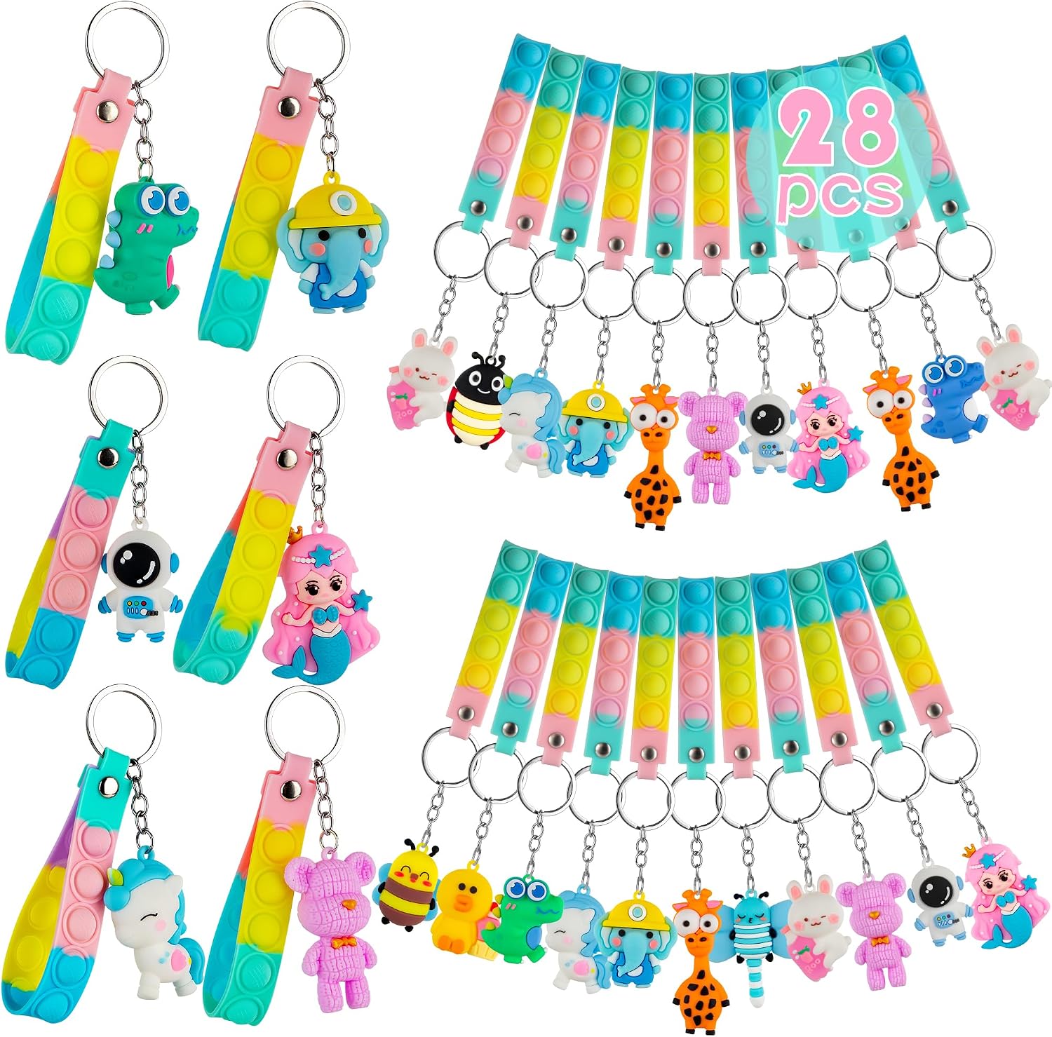 Runxin 28 Pop It Fidget Toy con Llaveros de Animales, Regalos Cumpleaños Niños Colegio | Detalles Cumpleaños Niños,Divertidos Fidget Juguete Llavero para Fiestas Infantiles