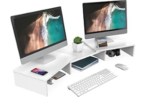 FITUEYES Podwójny stojak na monitor z drewna, regulowana długość i kąt obrotu, stojak na monitor, laptop, 92,5-108 x 23,5 x 10,2 cm, biały