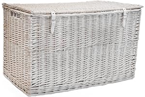 Arthur Cameron - Lightweight Wicker Storage Trunk, Storage Box with Lid & Leather Straps - Woven Chest, Basket, Large Wicker Basket with Lid (White Wash, Large)