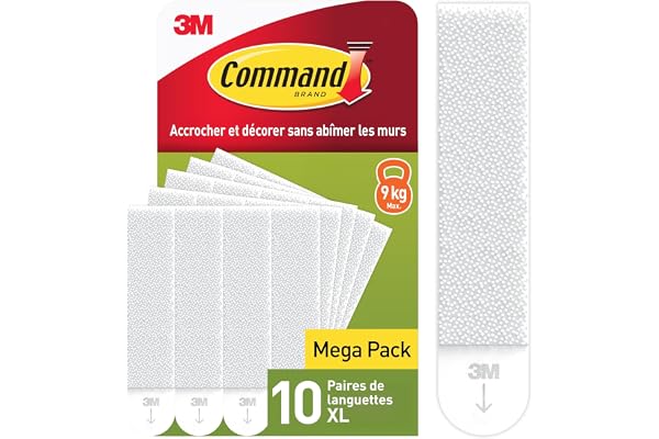 Command Languettes Accroches Tableaux, Très Grandes - 10 Paires (20 Languettes) Blanc - Supporte jusqu'à 9 kg - Sans Outils - Fixation sans Dommages