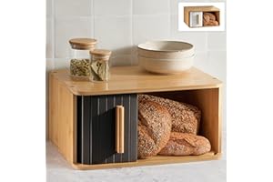 PRAKNU Panera de Madera Grande - Con Puerta Corredera – Panera Bambú FSC® para Guardar el Pan 40 x 28 cm – Ahorra Espacio - Elegante Para Una Frescura Prolongada - Negro