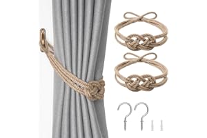 Pretty Jolly 2 Pack Natural Jute Rope Curtain Tiebacks Boho Rustic Style Decorative Drape Tie Backs Elegant Hand-Woven Rope Curtain Holdbacks with Metal Hook for Home & Office Drapery (Jute-Knot)