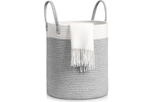 Tesmien Laundry Basket, Toy Storage Basket for Kids Baby, Large Foldable Woven Storage Baskets Cotton Rope Blanket Baskets with Handle,Organiser Nursery Decor Laundry Hamper, Grey+White (35x40cm)
