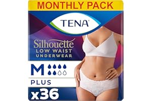 TENA Silhouette Plus Low Waist, 36 pairs of Incontinence Pants (12 x 3 Packs) for Moderate to Heavy Bladder Weakness for Women, Designed for Stylish Protection, White, Medium, Fits Waist 75cm - 100cm