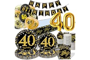 GOLDNICE Piatti Compleanno 40 anni Uomo Donna, Set Piatti e Bicchieri con Palloncino Tovaglia per 40 anni Festa Compleanno, Stoviglie Oro Nero Tovaglioli Striscione, Decorazioni 40 anni Compleanno Addobbi